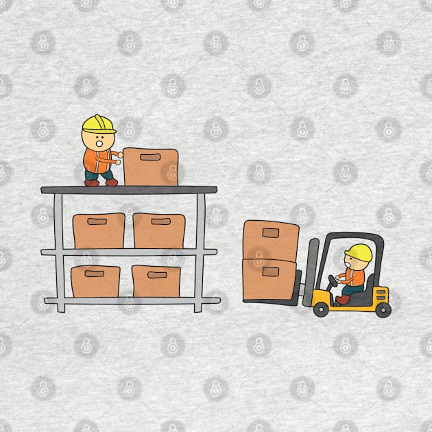 Kids drawing of Warehouse workers loading and arranging boxes with forklift truck by wordspotrayal